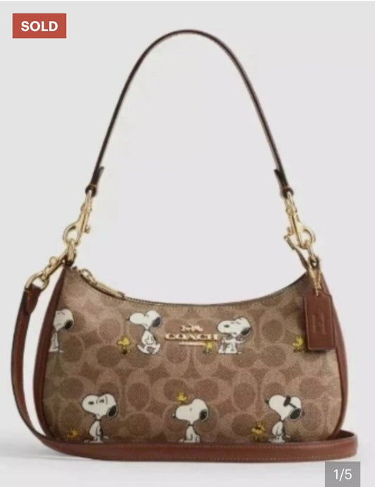 Coach x Snoopy Brown Signature Shoulder Bag – Cute Cartoon Print Crossbody Handbag