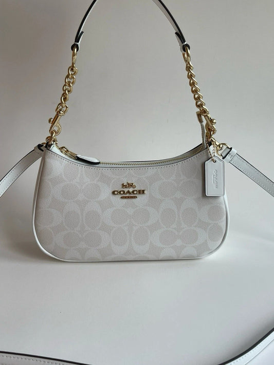 White Signature Canvas Shoulder Bag with Gold-Tone Chain Strap