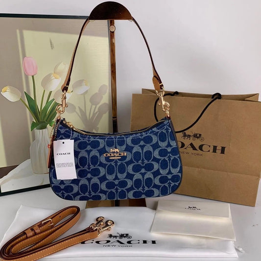 Denim Shoulder Bag – Blue Monogram Pattern Crossbody Handbag with Adjustable Strap