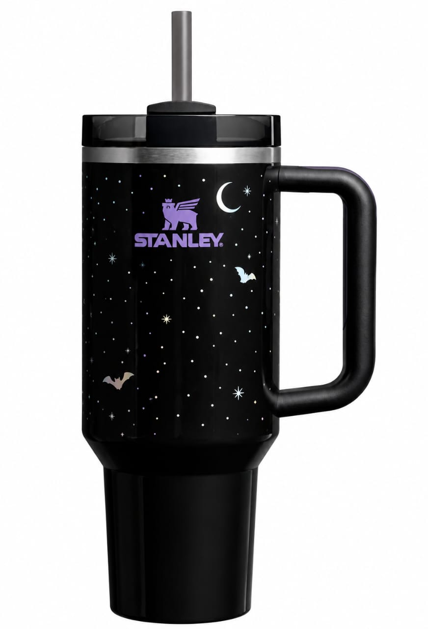 40 oz Insulated Stainless Steel Tumbler with Handle & Straw – Black Galaxy Night Design