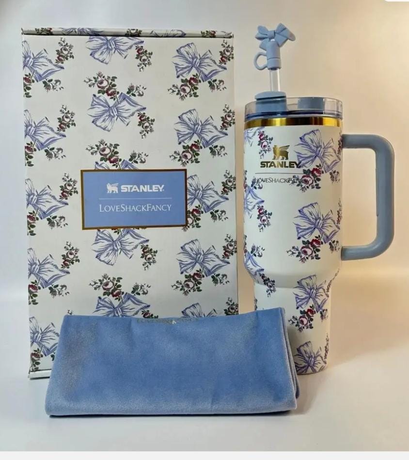 Stanley x LoveShackFancy Floral Tumbler with Handle & Straw – Blue Floral Design 40oz